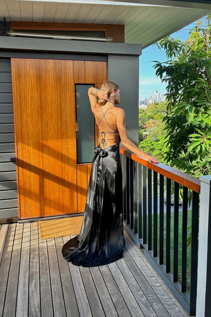 Simple A Line Spaghetti Straps Black Long Prom Dress with Criss Cross Back