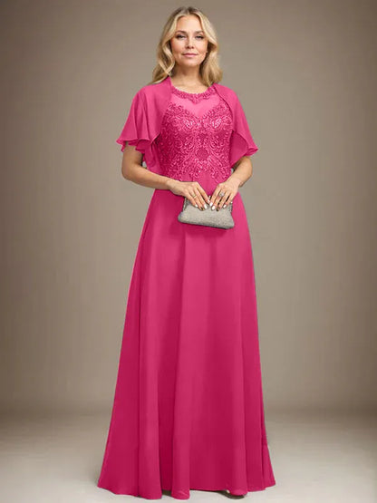 A-line Scoop Illusion Floor-Length Lace Chiffon Mother of the Bride Dress With Sequins
