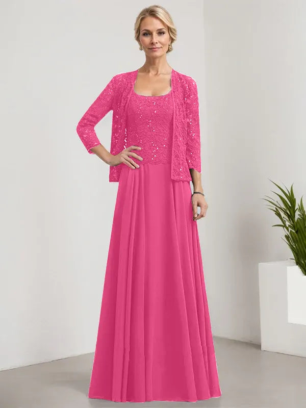 A-line Square Floor-Length Lace Chiffon Mother of the Bride Dress With Sequins