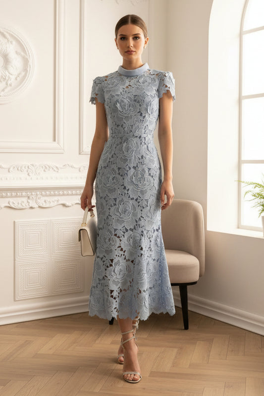 Floral Pattern Lace Dress With High Collar