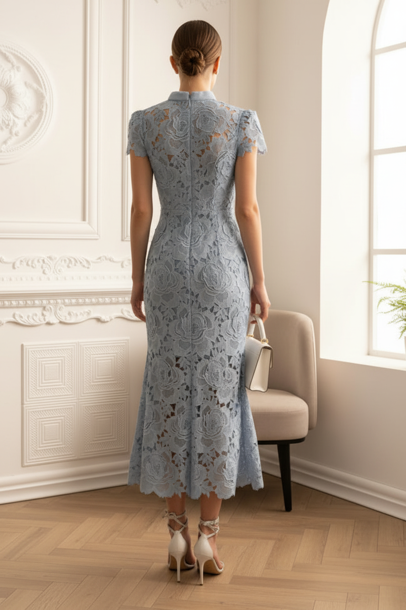 Floral Pattern Lace Dress With High Collar