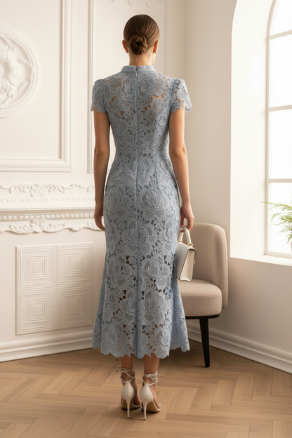 Floral Pattern Lace Dress With High Collar