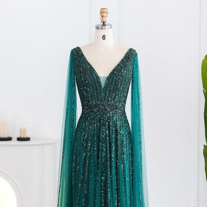 Luxury Beaded Nude Evening Dress with Cape Sleeves