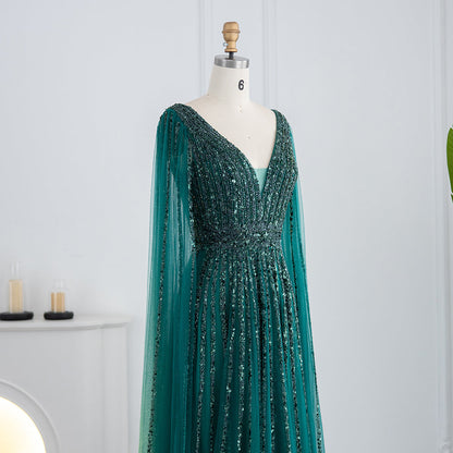 Luxury Beaded Nude Evening Dress with Cape Sleeves