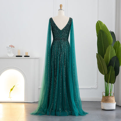 Luxury Beaded Nude Evening Dress with Cape Sleeves