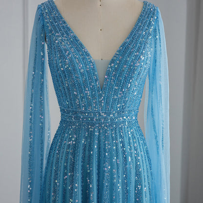 Luxury Beaded Nude Evening Dress with Cape Sleeves