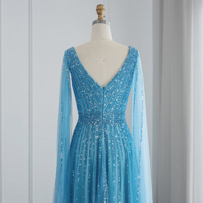 Luxury Beaded Nude Evening Dress with Cape Sleeves