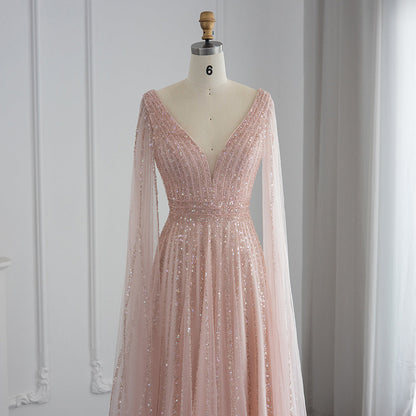 Luxury Beaded Nude Evening Dress with Cape Sleeves