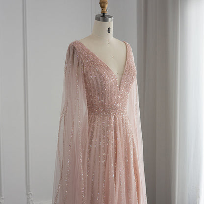 Luxury Beaded Nude Evening Dress with Cape Sleeves