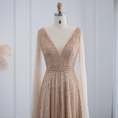 Luxury Beaded Nude Evening Dress with Cape Sleeves