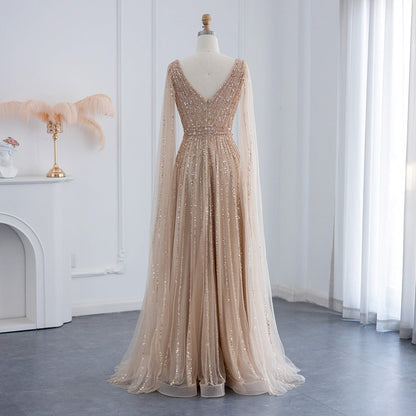 Luxury Beaded Nude Evening Dress with Cape Sleeves