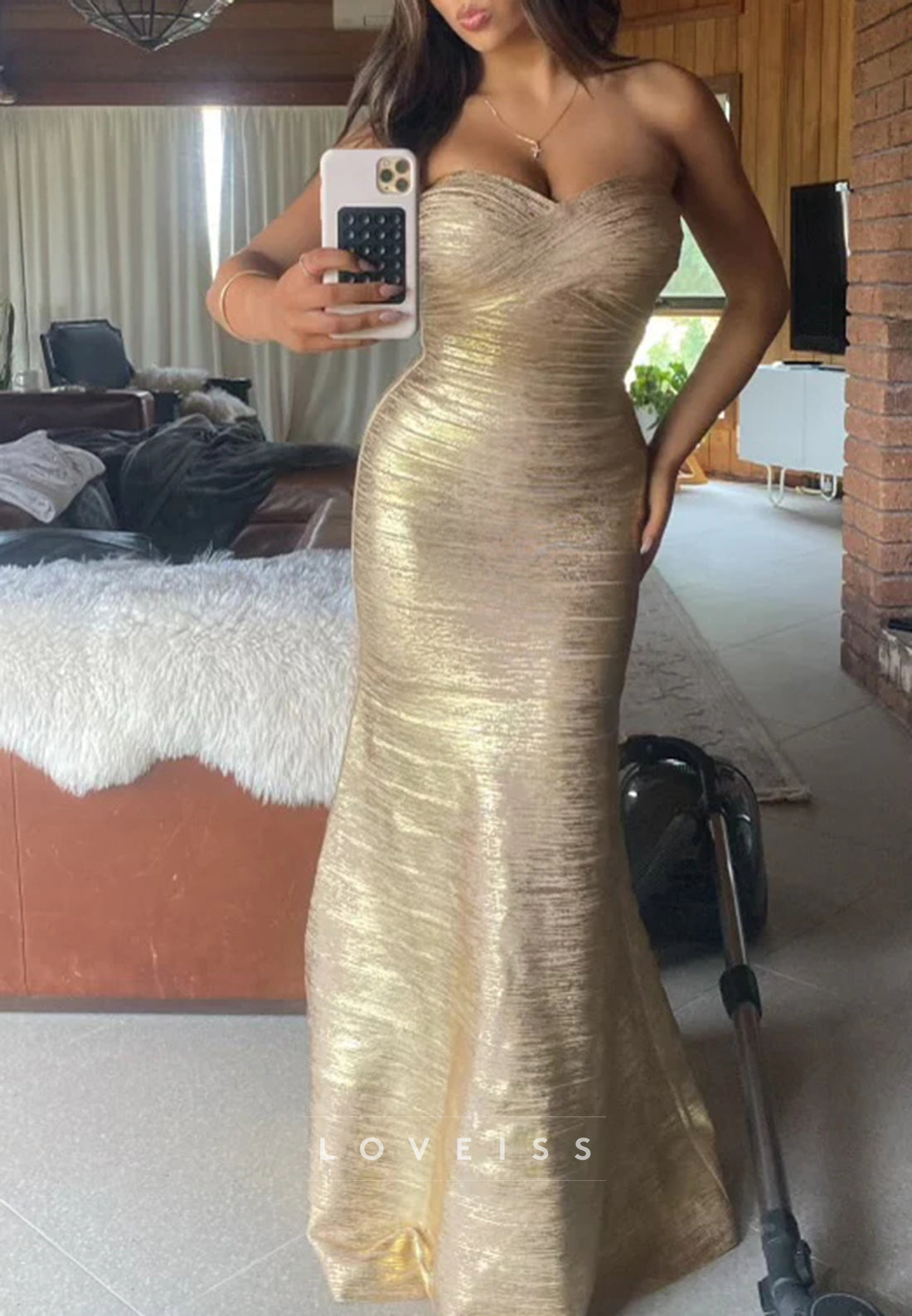 Sweetheart Sleeveless Gold Evening Dress Mermaid Prom Dress