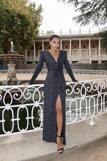 V-Neck Long Sleeves Sparkly Sheath Evening Dress