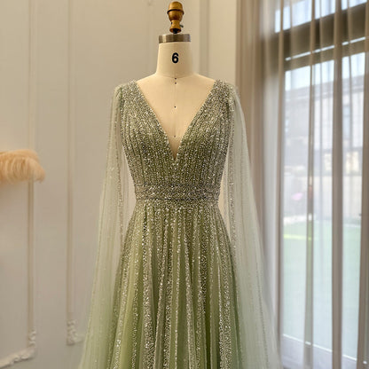 Luxury Beaded Nude Evening Dress with Cape Sleeves