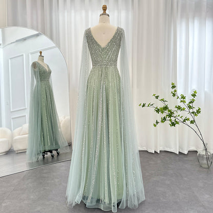 Luxury Beaded Nude Evening Dress with Cape Sleeves