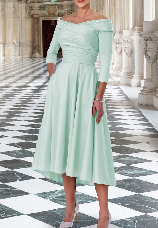 Off-Shoulder Long Sleeves Pleated A-Line Mother of Bride Dress