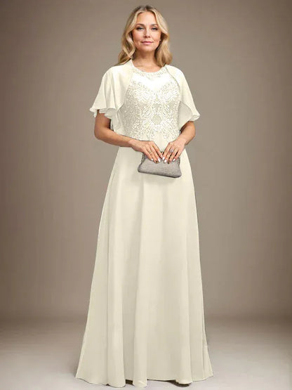 A-line Scoop Illusion Floor-Length Lace Chiffon Mother of the Bride Dress With Sequins