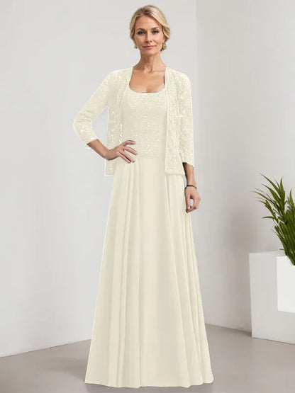 A-line Square Floor-Length Lace Chiffon Mother of the Bride Dress With Sequins