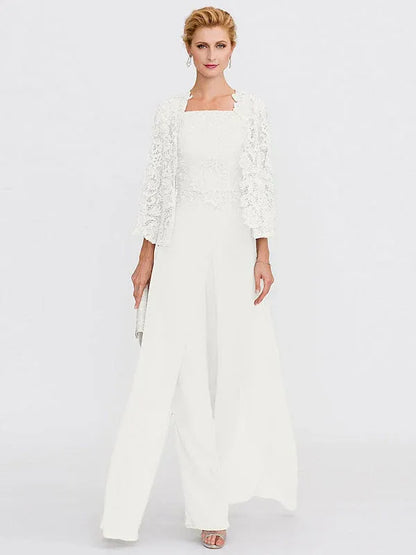 3 Piece Chiffon Square Neck Mother of the Bride Pantsuits with Jacket
