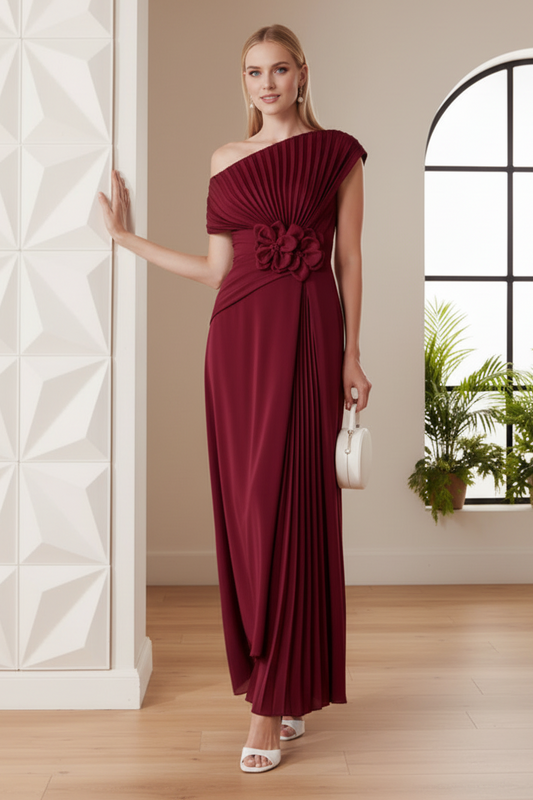 One Shoulder Pleated A-Line Mother of  Bride Dress
