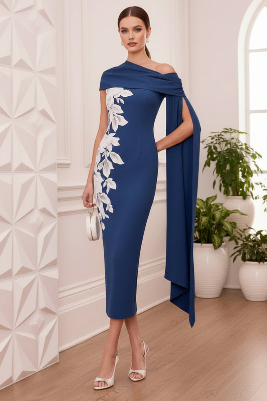 One Shoulder  Sleeves Appliques Mother of Bride Dress