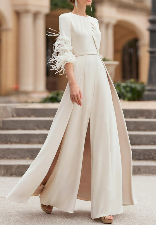 Jumpsuit Formal Wedding Mother of the Bride Elegant Vintage Floor Length Stretch Chiffon Half Sleeve