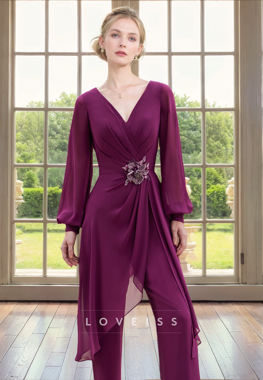 Jumpsuit Long Sleeves Beaded Chiffon Ruched Mothe of Bride Dress Cocktail Dress