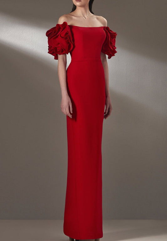 Off-Shoulder Puff Sleeves Sleek Sheath Mother of Bride Dress