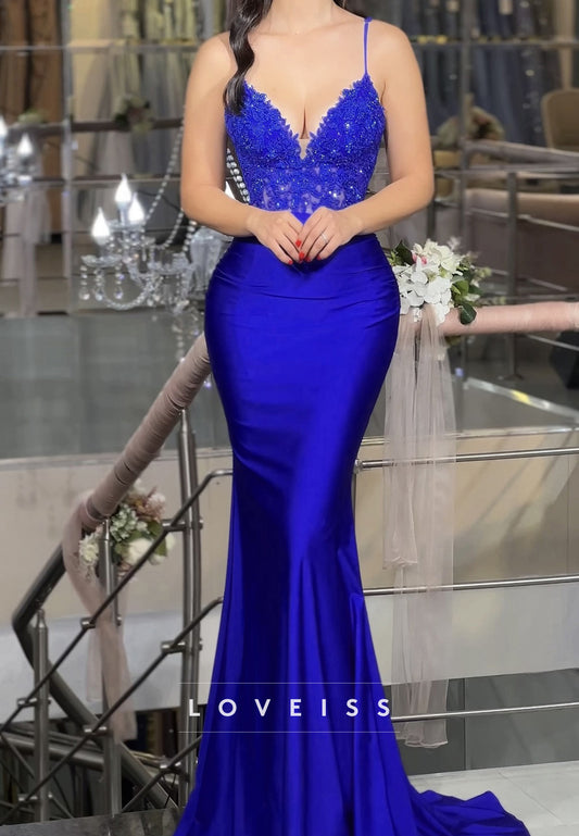V-Neck Spaghetti Straps Appliques Sleek Mermaid Prom Dress