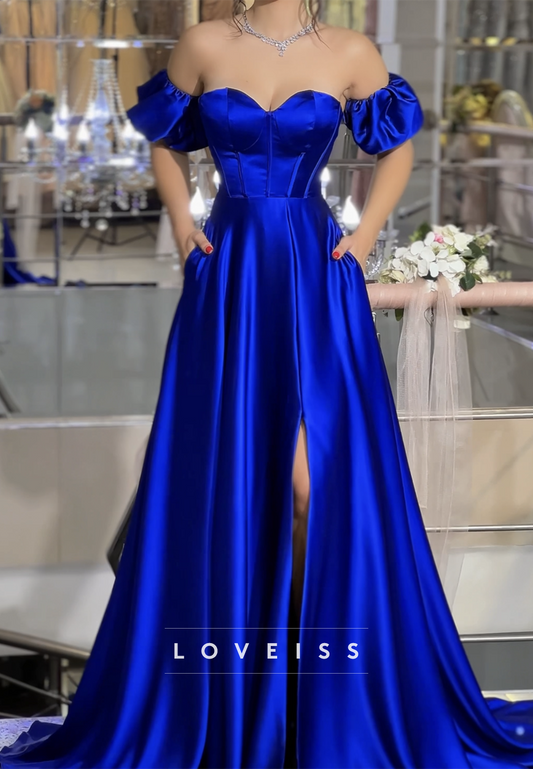 Sweetheart Puff Sleeves Pleated Satin A-Line Prom Dress