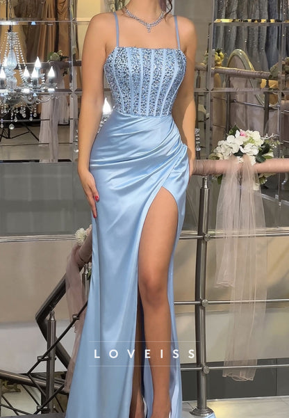 Square Spaghetti Straps Beaded Pleated Side Slit Sheath Prom Dress