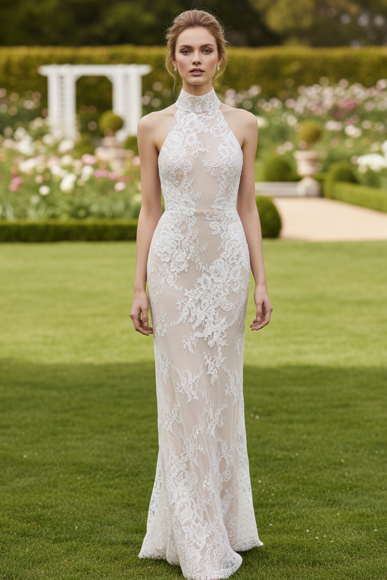 Halter Lace Appliques Sheath Wedding Dress