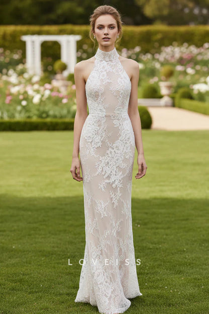 Halter Lace Appliques Sheath Wedding Dress