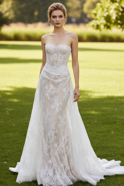 Strapless Sleeveless Appliques Lace Sheath Wedding Dress