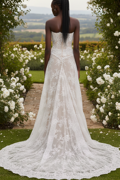 Strapless Sleeveless Appliques Lace Sheath Wedding Dress