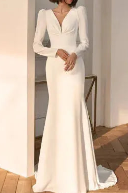 V-Neck Wedding Dresses Long Sleeve Sheath Bride Gown Sweep Train Pleats Satin