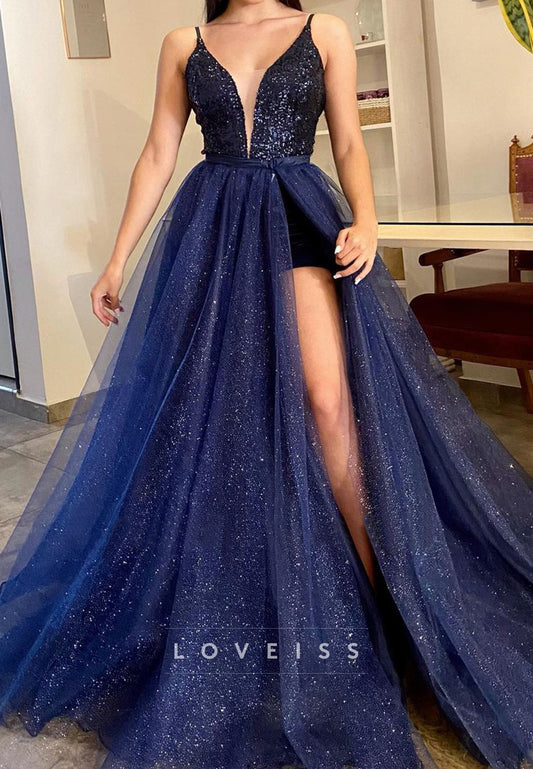 Low V-Neck Sleeveless Sparkly Tulle A-Line Ball Gown Prom Dress