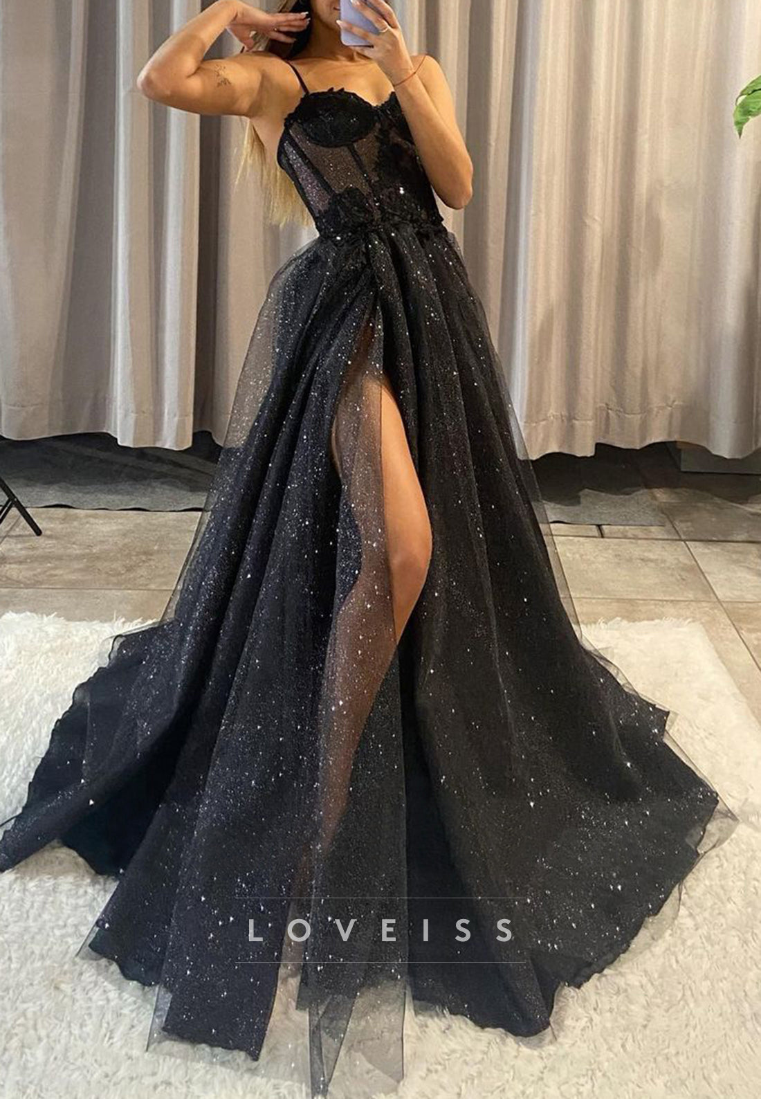 Sweetheart Sleeveless Appliques Tulle High Slit A-Line Prom Dress