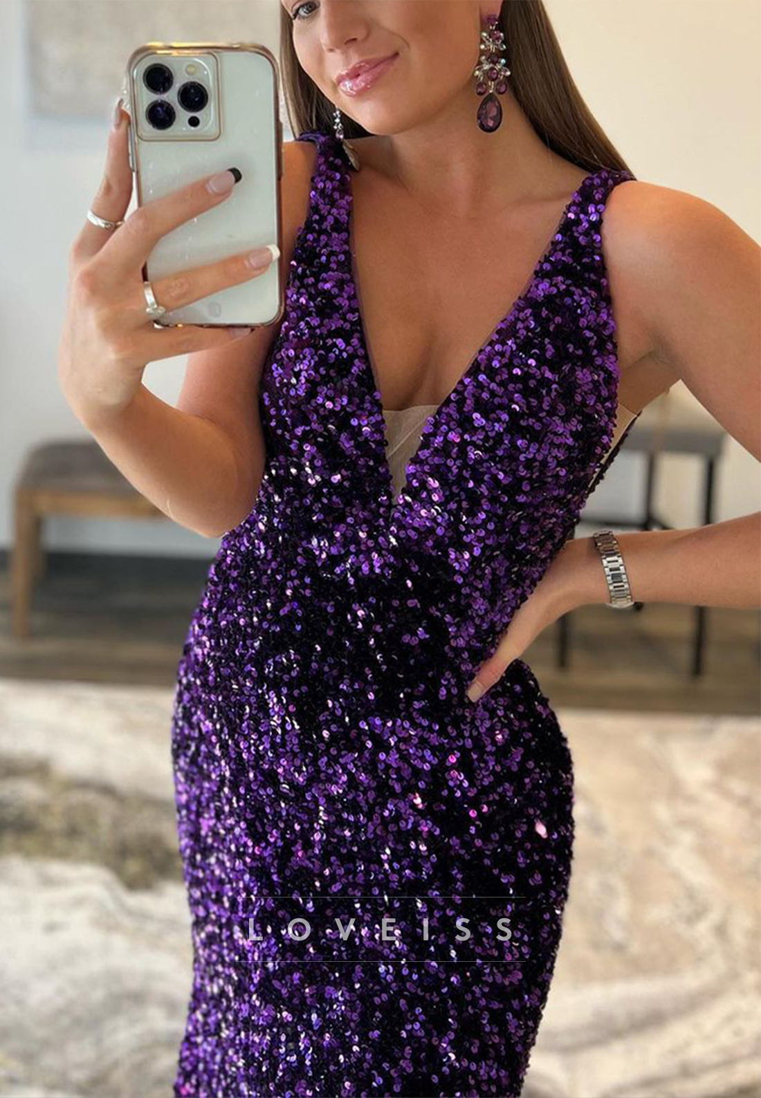 V-Neck Sleeveless Sequins Sparkly Mermaid Prom Dress