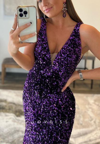 V-Neck Sleeveless Sequins Sparkly Mermaid Prom Dress