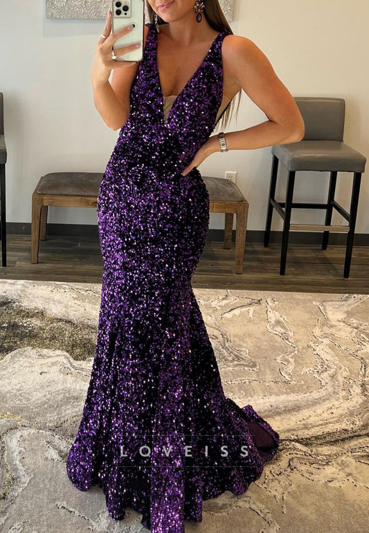 V-Neck Sleeveless Sequins Sparkly Mermaid Prom Dress