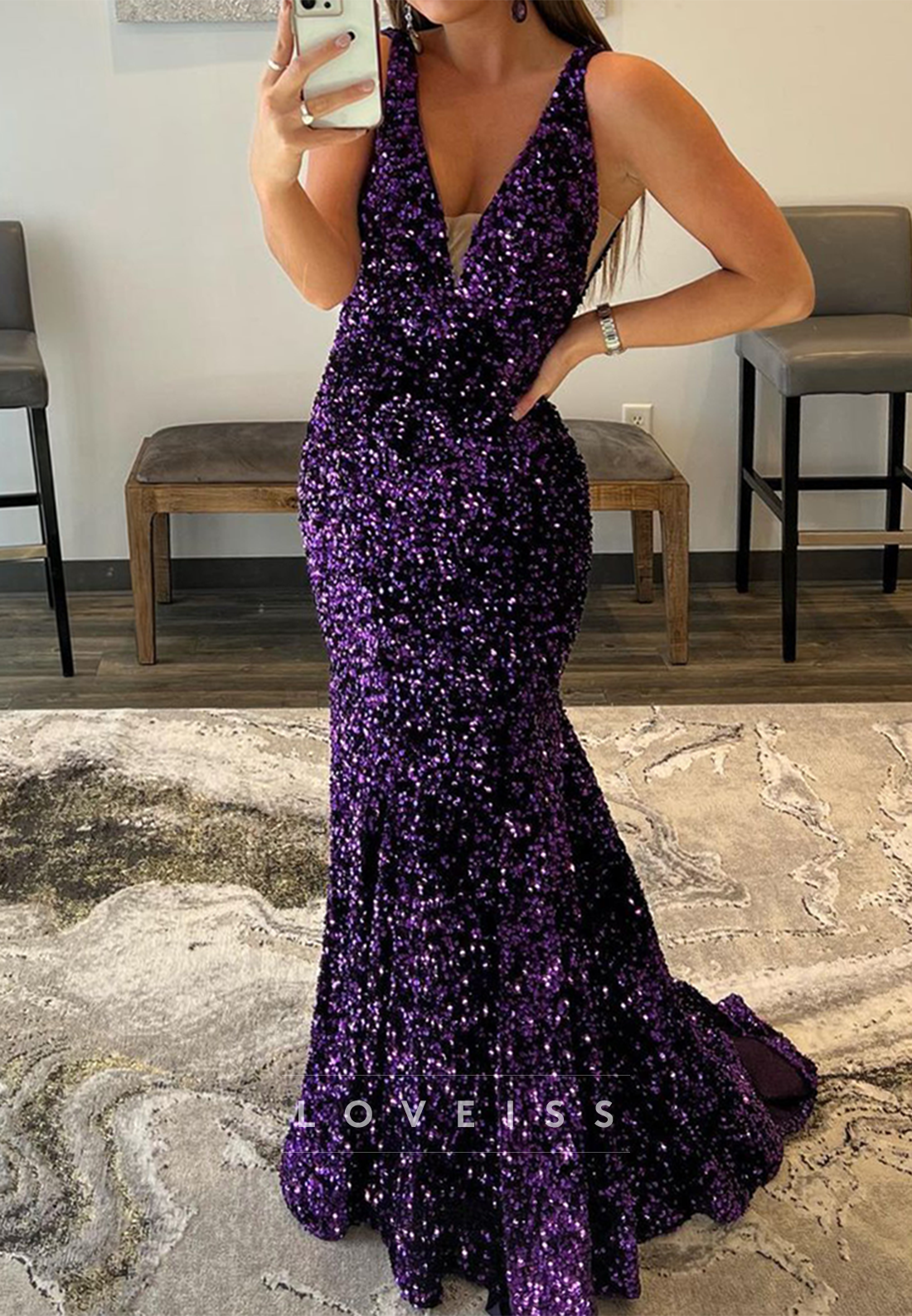 V-Neck Sleeveless Sequins Sparkly Mermaid Prom Dress