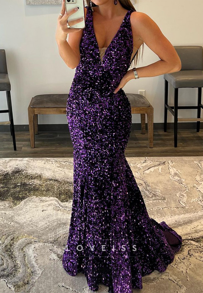 V-Neck Sleeveless Sequins Sparkly Mermaid Prom Dress