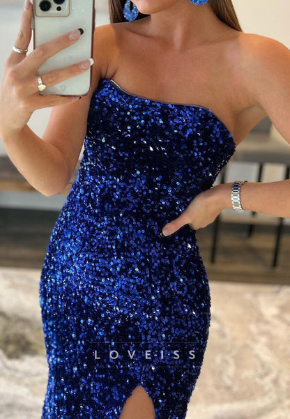 Sweetheart Sleeveless Sequins High Slit Sparkly Sheath Prom Dress