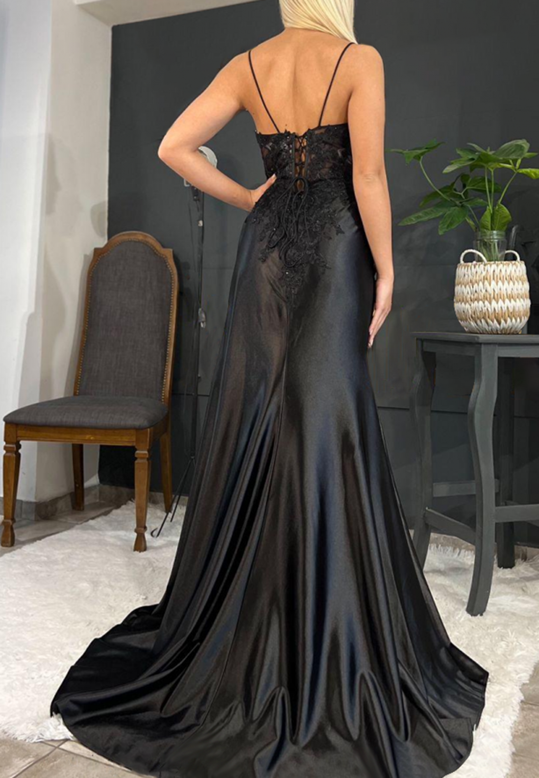 V-Neck Spaghetti Straps Appliques Ruched High Slit Prom Dress
