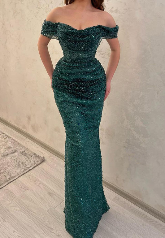 Off-Shoulder Strapless Sequins Ruched Mermaid Prom Dress