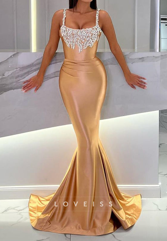 Scoop Sleeveless Beaded Sleek Mermaid Prom Dress