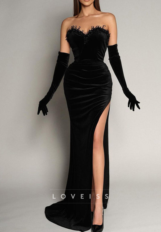 Sweetheart Sleeveless Appliques Mermaid High Slit Prom Dress