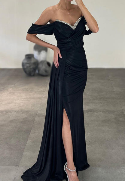 Off-Shoulder Strapless Beaded Pleated Sheath Prom Dress
