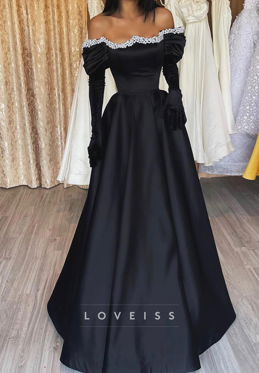 Off-Shoulder Long Sleeves Beaded Pleated A-Line Prom Dress